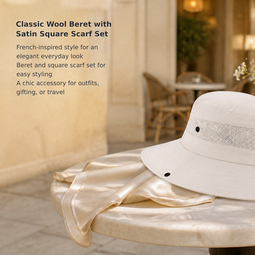 Women’s Classic Wool Beret and Satin Square Scarf Set